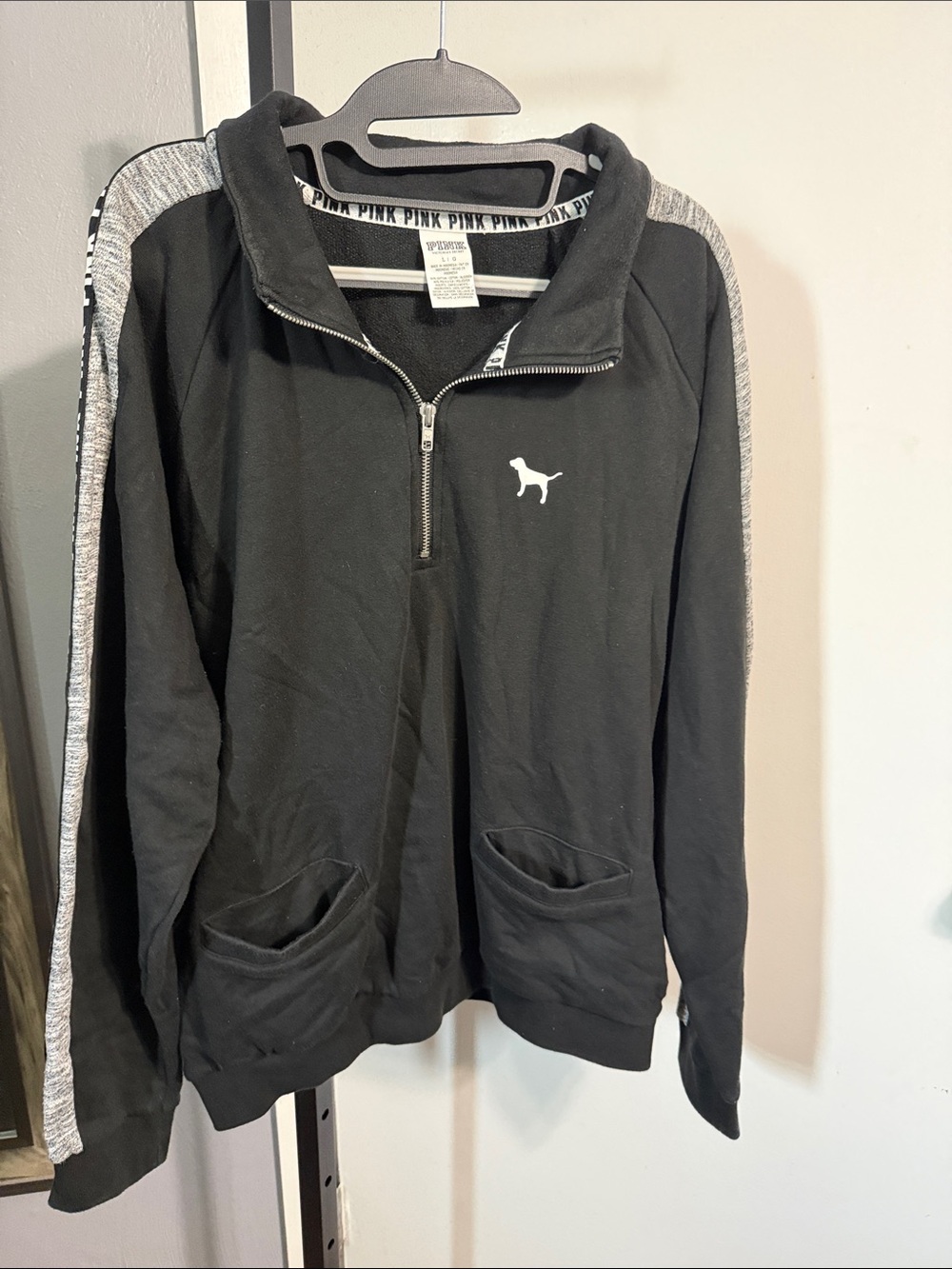 PINK Black Half-Zip Pullover w/White Dog Logo & PINK Logo Sleeve (L)